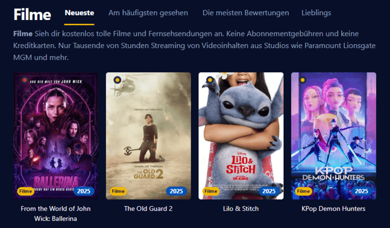 Screenshot der Filmpalast-Benutzeroberfläche, die verschiedene Filmtitel und Serienepisoden anzeigt
